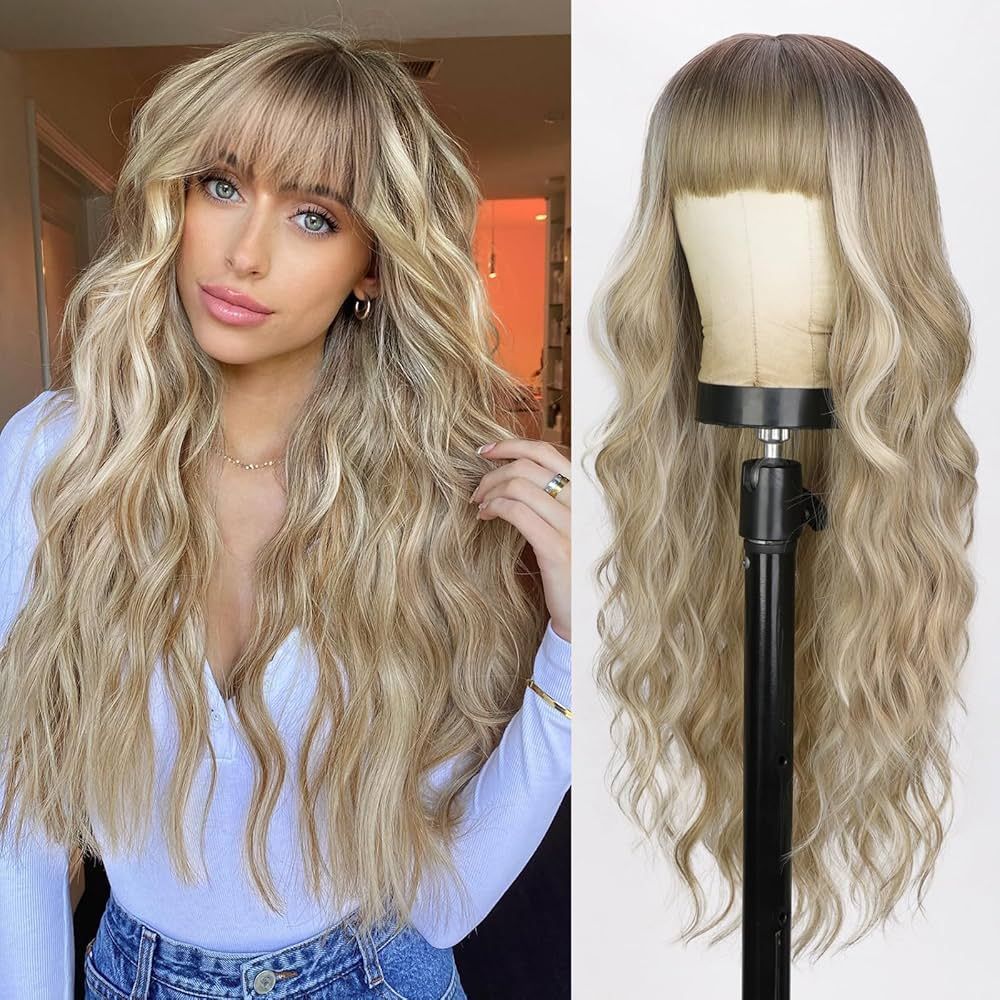 AISI QUEENS Dirty Blonde Wigs with Bangs Ombre Blonde Wigs for Women Long Blonde Wavy Wigs with D... | Amazon (US)