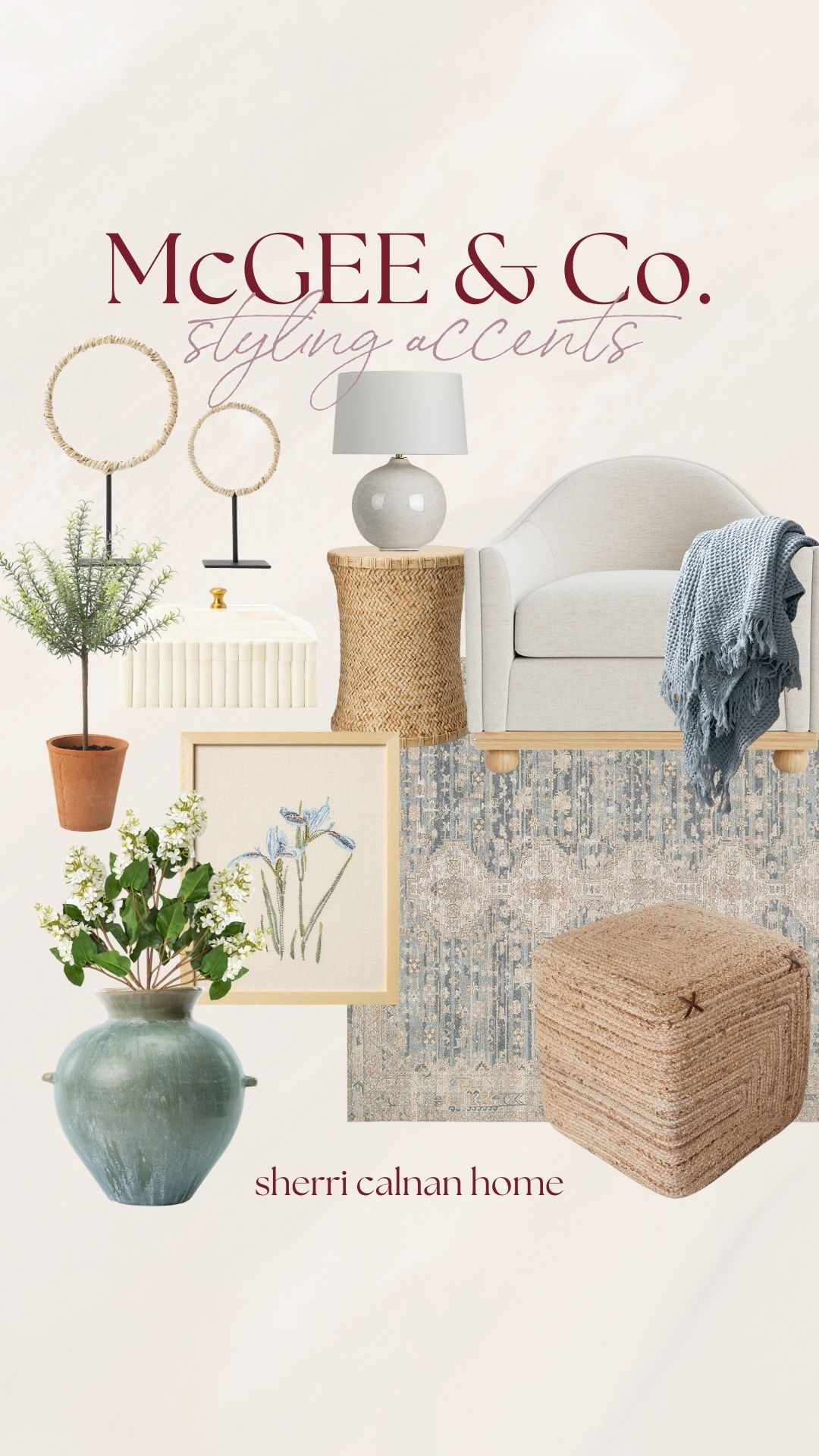 McGee and Co inspired styling accents featuring woven side tables, textured rugs, neutral accent chairs, decorative vases, botanical artwork, and soft layered textiles. These timeless pieces add warmth and designer style to any living space.

McGee and Co decor style, neutral living room decor, woven side table, textured neutral rug, accent chair styling, decorative ceramic vase, botanical wall art, modern traditional home decor, layered living room styling, sherricalnanhome

#LTKHome