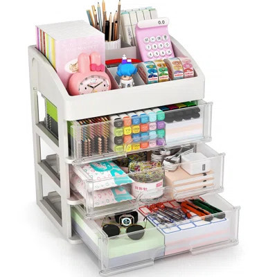 Plastic Desktop Storage Box With Drawers, Suitable For Storing Office/School Supplies. White | Wayfair North America