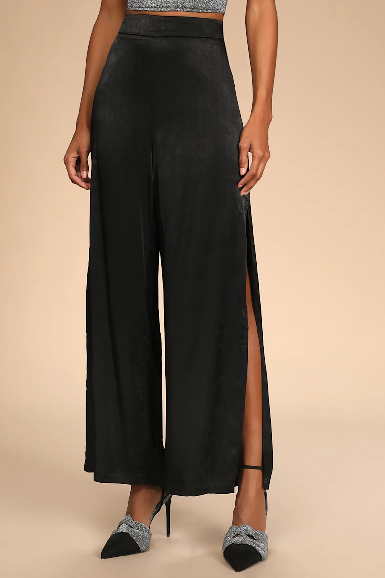 Sophisticated Moves Black Satin Wide-Leg Side Slit Pants | Lulus (US)