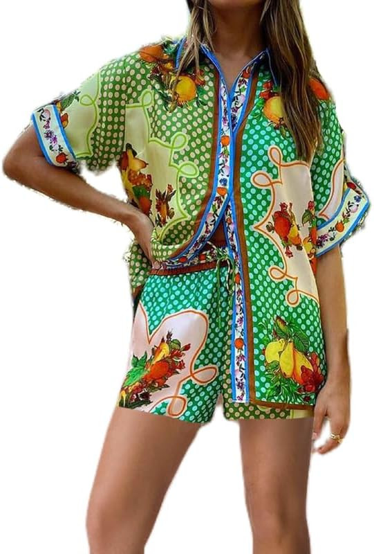 NUFIWI Women's Graffiti 2 Piece Pajama Set Short Sleeve Button Down Tops Drawstring Shorts Beach ... | Amazon (US)