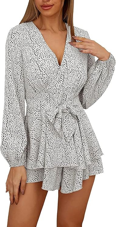 PRETTYGARDEN Women's Long Sleeve Romper Dressy V Neck Ruffle Summer Tie Waist Casual Short Jumpsu... | Amazon (US)