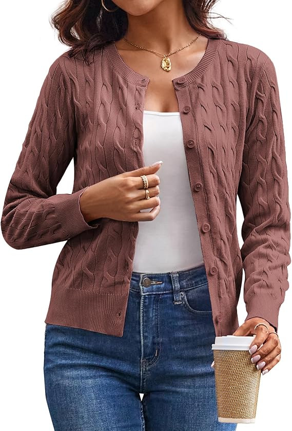 GRACE KARIN Womens Long Sleeve Button Up Cable Knit Cardigan Lightweight 2026 Crewneck Button Dow... | Amazon (US)