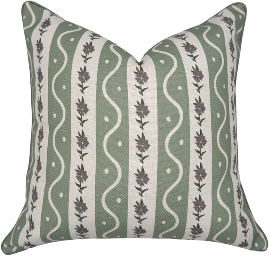 “The Tilly” Floral Block Print Pillow Cover – Green Stripes Decorative Throw Pillow Cover w... | Amazon (US)