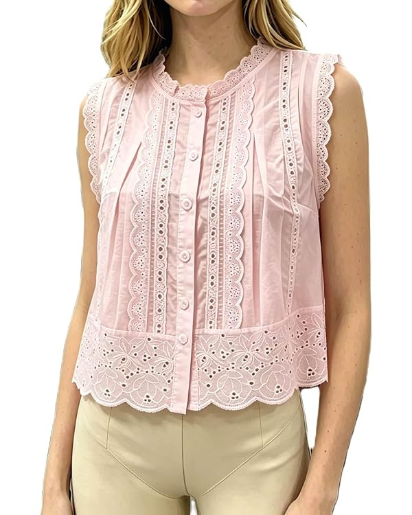 Women's Casual Eyelet Blouse Boho Sleeveless Lace Trim Babydoll Top Cropped Loose A-Line Flowy Cu... | Amazon (US)