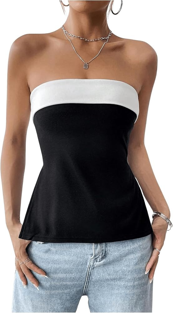 WDIRARA Women's Color Block Split Side Strapless Tube Top Y2k Sleeveless Bandeau Tops | Amazon (US)