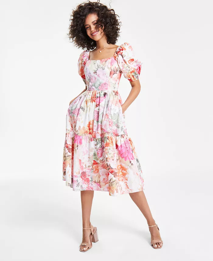Vince Camuto Women's Printed Cotton Square-Neck Puff-Sleeve Dress - Macy's | Macy's
