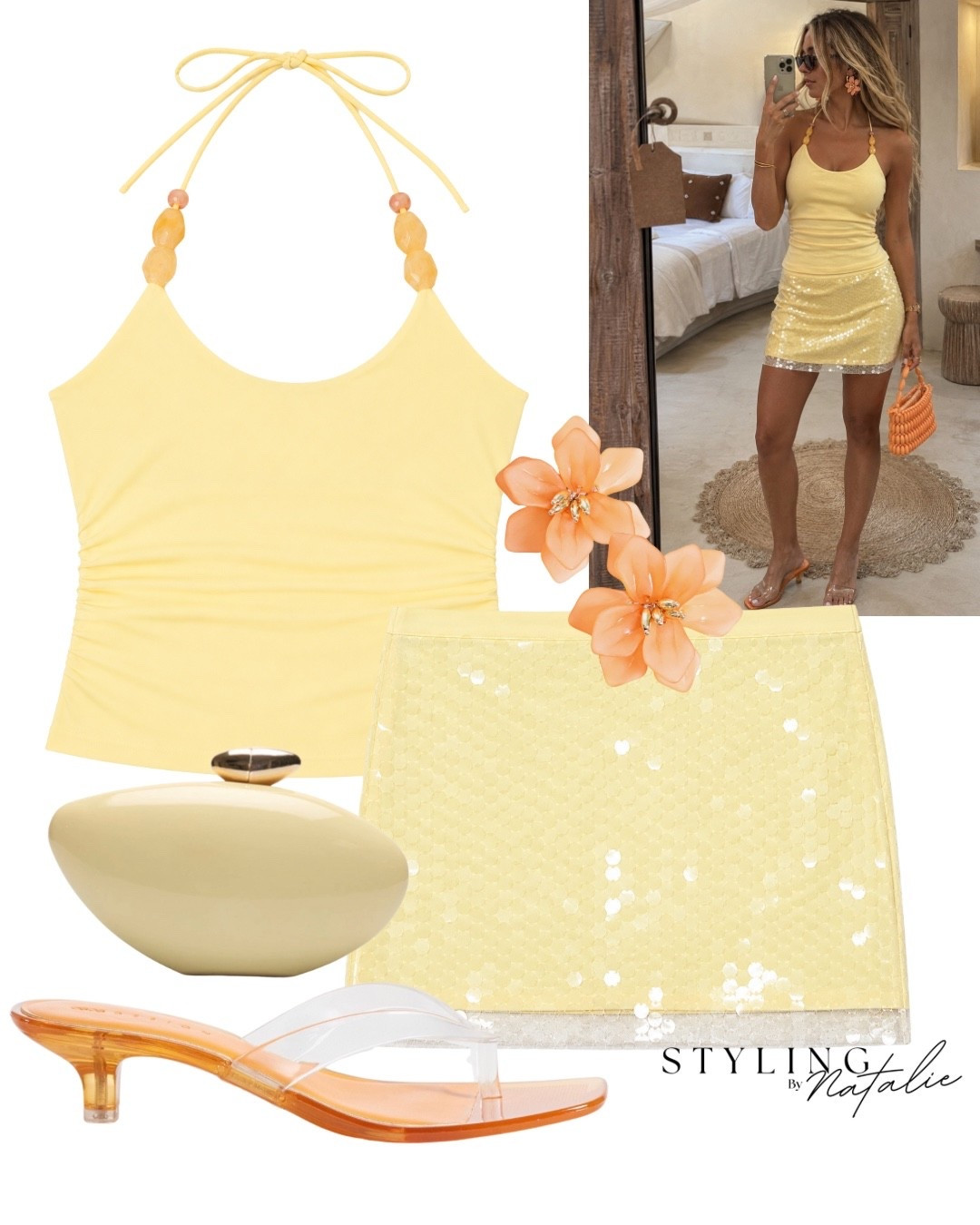 Summer sequins 💛🧡✨
Yellow sequin mini skirt, a beaded halter neck top, orange jelly kitten sandals, lemon acrylic clutch and orange flower earrings.
🏷️ Ibiza outfit, summer outfit, resort wear, beach club, vacation look, party look, yellow outfit, going out, summer night, OOTN

#LTKsummer #LTKeurope #LTKpartywear