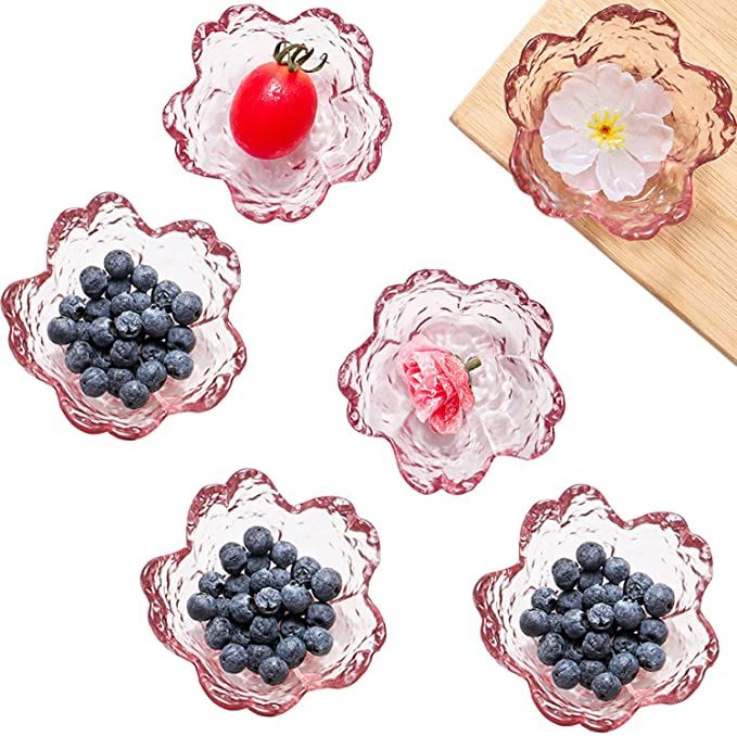 6 Pack Pink Glass Side Dishes with Scalloped Edges, 3”Width Flower Shaped Snack Dip Bowls, Tiny... | Amazon (US)