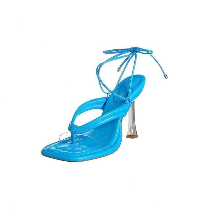 Schutz Meghan True Blue Clear Lace Up Open Toe Stiletto High Heel Thong Sandals | SHEIN
