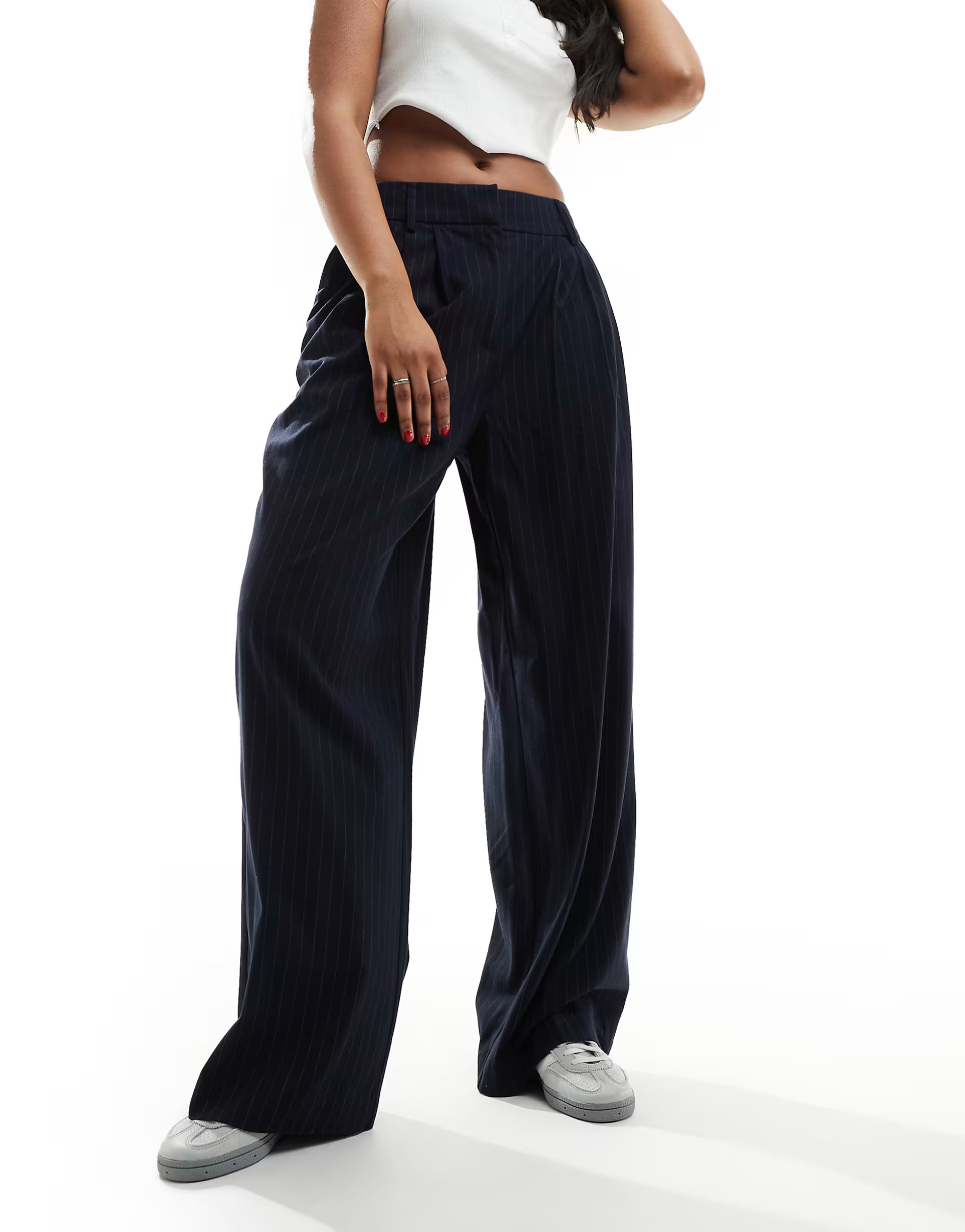 River Island pinstripe wide leg trouser in navy | ASOS (Global)