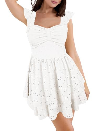 WISFRUIT Women's Summer Casual Mini Dress Elegant Square Neck Backless Layered Ruffle A Line Beach Party Short Dress White XX-Large | Amazon (US)