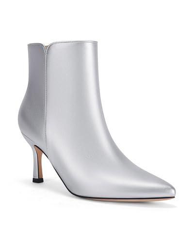 Coutgo Women's Kitten Heel Booties Pointed Toe Low Stiletto Side Zipper Ankle Boots Shoes, Silver, Size 9.5 | Amazon (US)