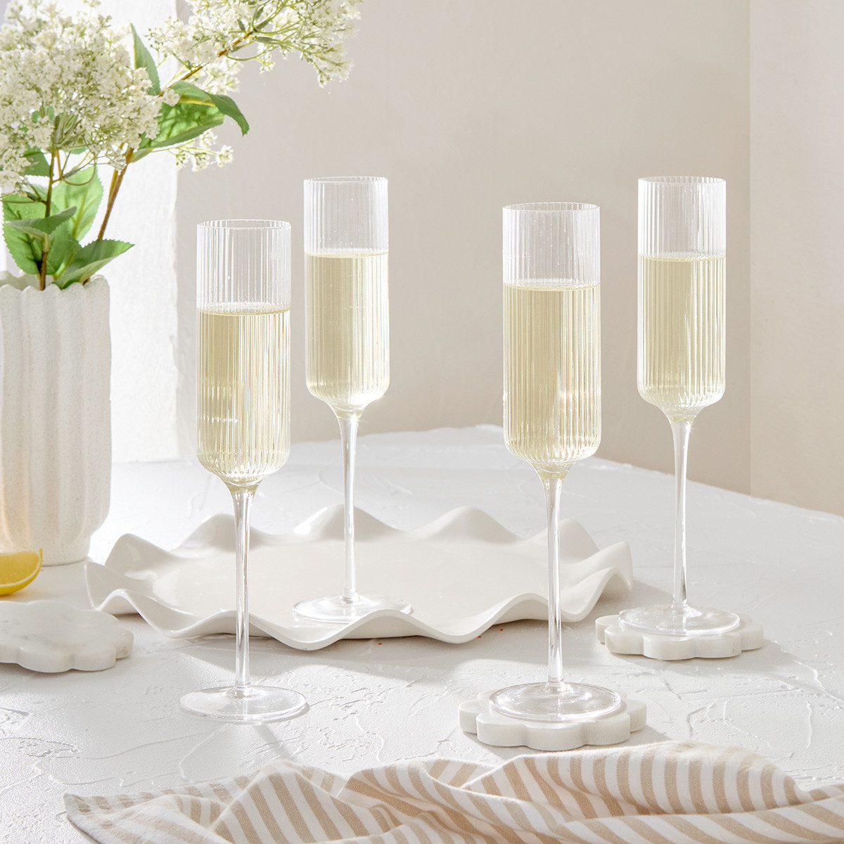 Mila Ribbed Champagne Crystal Glass Flute Set of 4 | Pillow Talk AU