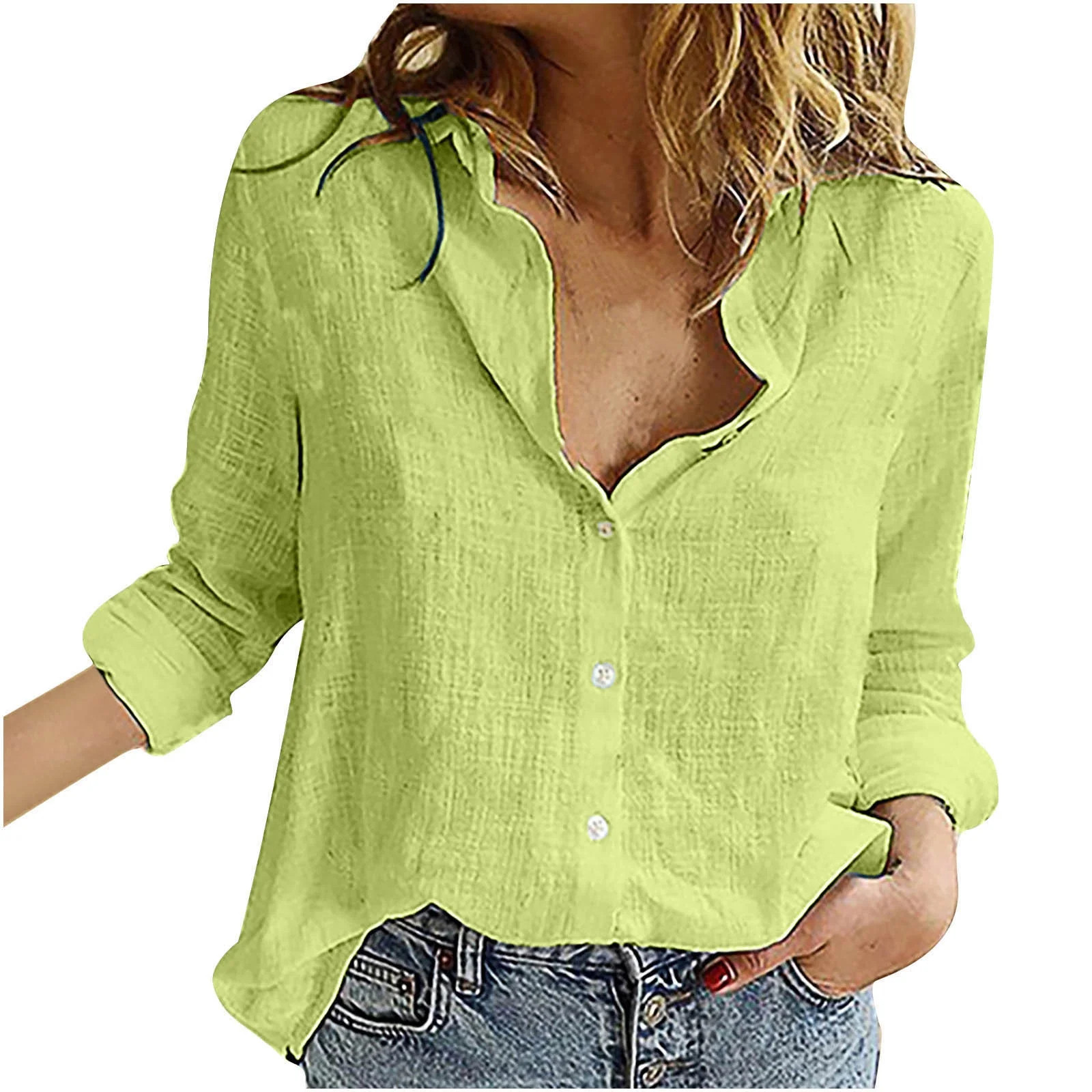 HAiming Womens Cotton Linen Shirts Solid Lapel Long Sleeve Button down Tops Casual Loose Cardigan... | Walmart (US)