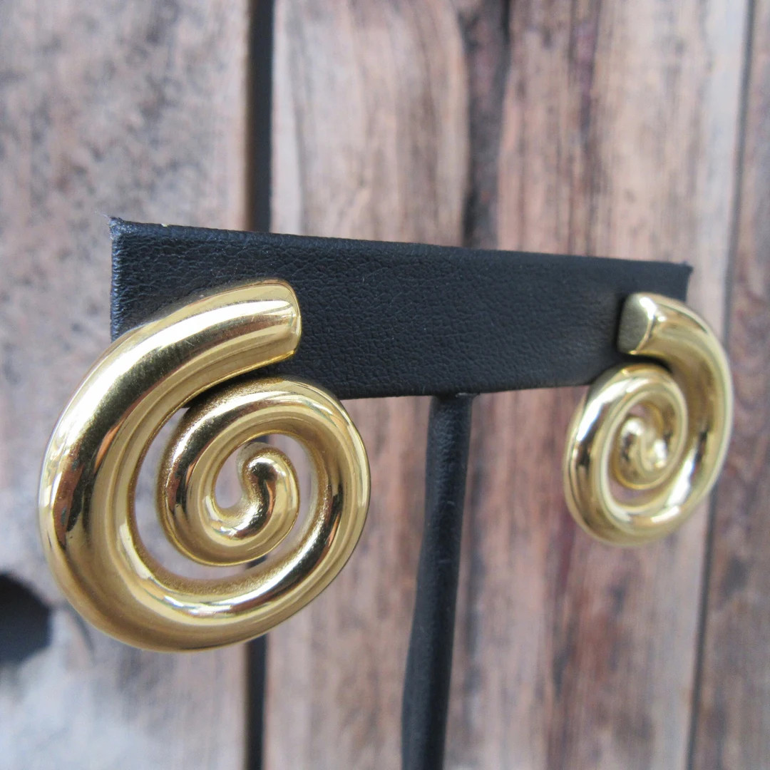 90s Gold Tone Earrings | Modernist Chunky Art Deco Revival Curlicue Statement Swirl Earrings | Ge... | Etsy (US)