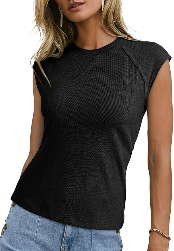 Sidefeel Womens Tops Casual Crewneck Cap Sleeve Tops Ribbed Raw Hem Summer T Shirts Slim Fit Basi... | Amazon (US)