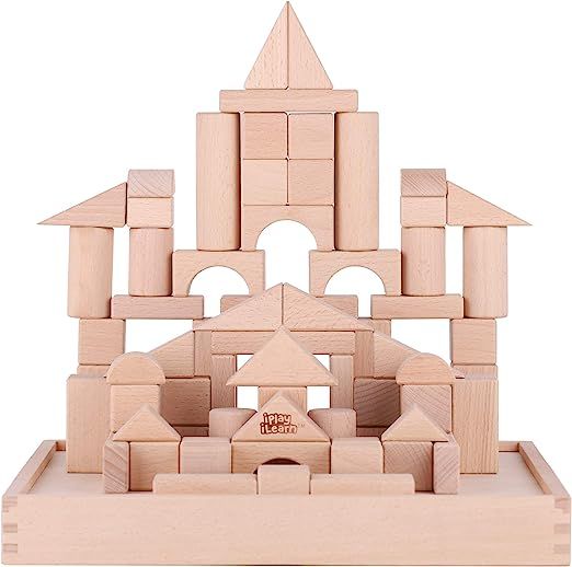 iPlay, iLearn Toddler Wooden Building Block Toys, 72 PCS Kids Natural Wood Stacking Blocks Set St... | Amazon (US)