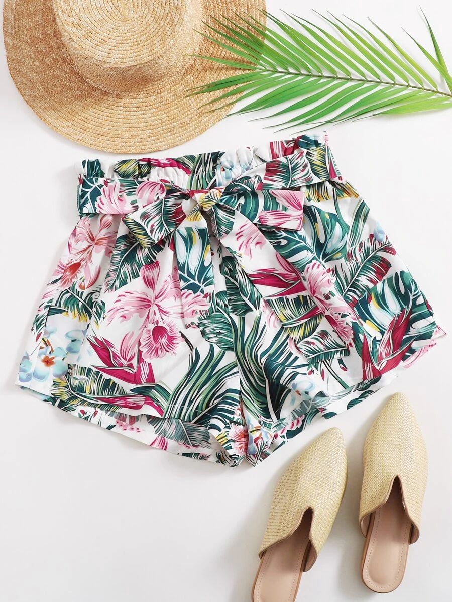 SHEIN Floral & Tropical Print Belted Shorts | SHEIN