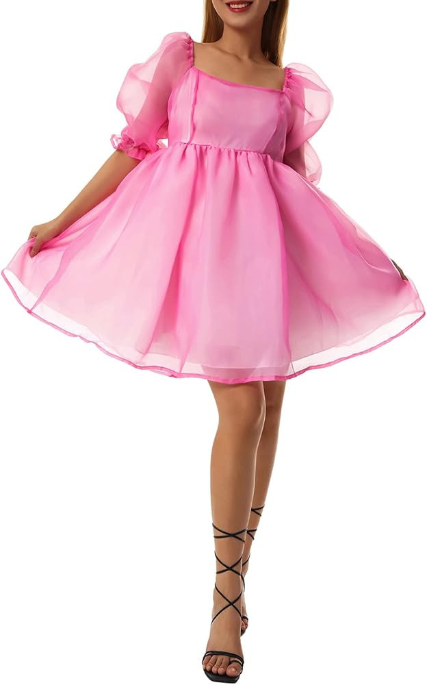 Womens Puff Sleeve Tulle Dress Princess Mini Dress Square Neck Bubble Sleeve Mesh Ruffle Dress fo... | Amazon (US)