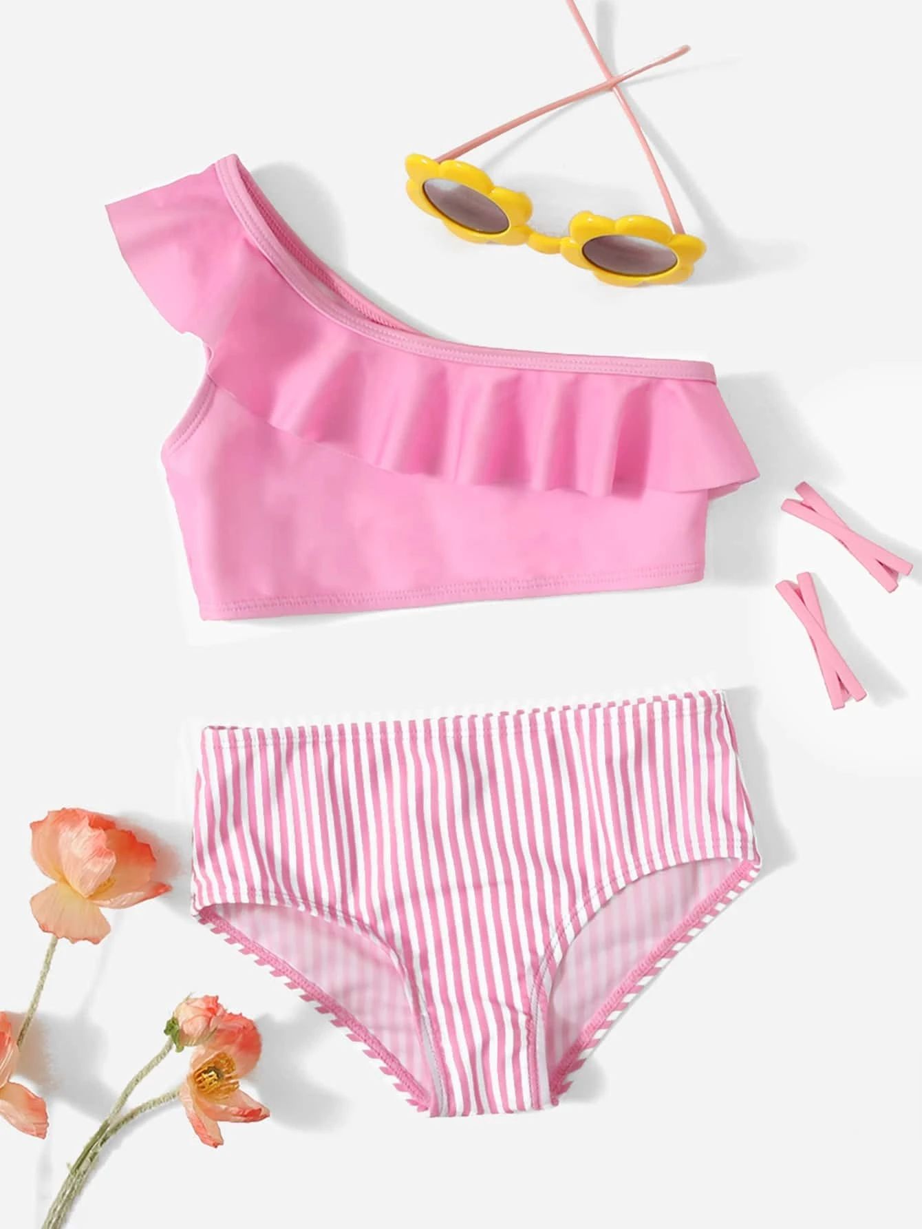 Toddler Girls Vertical Striped Ruffle Trim One Shoulder Bikini Swimsuit | SHEIN