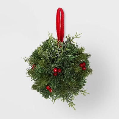 7" Unlit Cedar Artificial Christmas Kissing Ball with Berries and Red Ribbon Hanger - Wonders... | Target