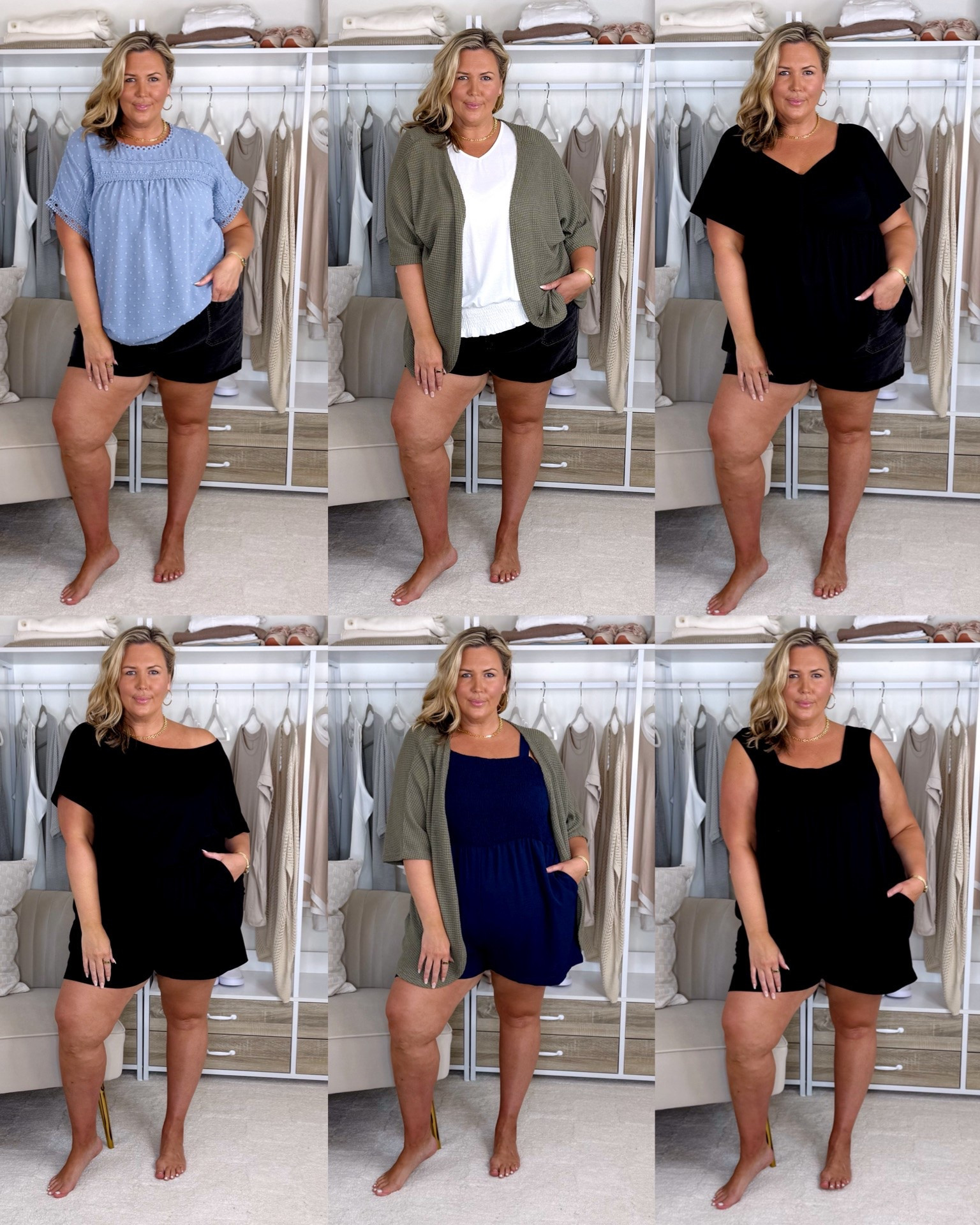 Eytino haul! Wearing a 3X in the shorts, a 3X in the blue top, a 3X in the white top but its a little big, 3x in green waffle shrug, a 2X in the black top, a 4X in the black off the shoulder romper (sized up 2 sizes), and sized up to a 3X in the navy. Plus size, outfit inspo, apron belly, affordable fashion, mom life

#LTKMidsize #LTKPlusSize #LTKSeasonal