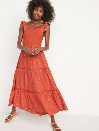 Fit &amp; Flare Smocked Embroidered Midi Dress For Women | Old Navy (US)