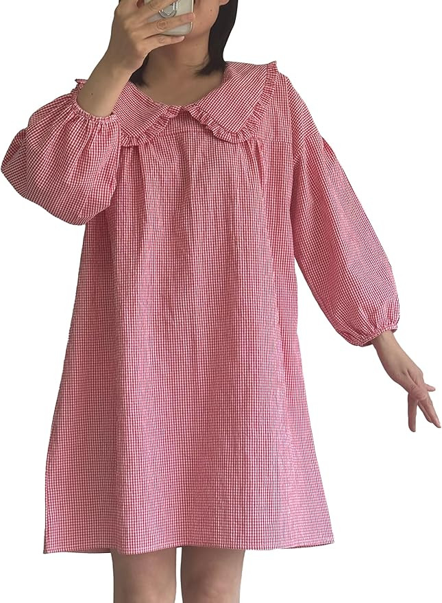 2025 Women's Babydoll 3/4 Puff Sleeve Plaid Mini Dress Lapel Doll Collar Loose Y2k Dress | Amazon (US)