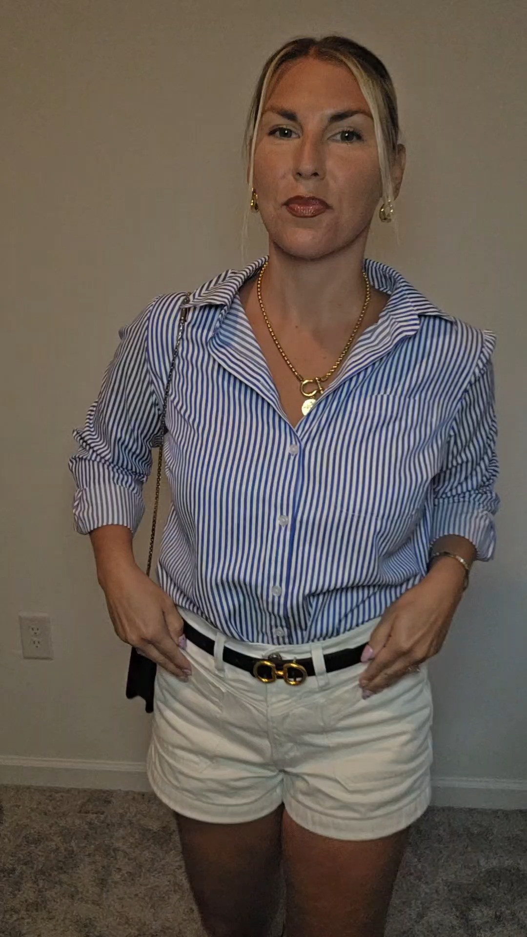 Dinner last night and this outfit just came together so easily. 🤍
Blue and white striped button down tucked into American Eagle white jean shorts, black belt, Wetviro kitten heel sandals and my Bvlgari Serpenti Forever bag. Hair pulled back in a low bun to let the outfit do the talking.
The kitten heel elevates the whole look without sacrificing comfort — perfect for a dinner out when you want to feel a little more polished without going over the top. And that bag honestly makes any outfit feel special.
This is exactly how I approach getting dressed for a casual evening out — start with a classic base, add one elevated piece and keep everything else simple. Everything is linked! 🔗 

 #ForeverFace #Over40Style #WomenOver40 #Over40Fashion #DinnerOutfit #CasualChic #StripedShirt #KittenHeels #BvlgariSerpenti #EffortlessStyle #ClassicStyle #NightOutOutfit #Over40AndFabulous #ShopMyLTK #LTKover40 #LTKootd #LTKOver40 #LTKPetite