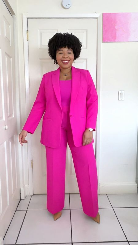 Pink Monochromatic outfit inspiration. Pink blazer and pink relaxed fit wide leg trousers for women. Pink high compression bodysuit. 
Workwear, business look. 

#LTKmidsize #LTKstyletip #LTKVideo