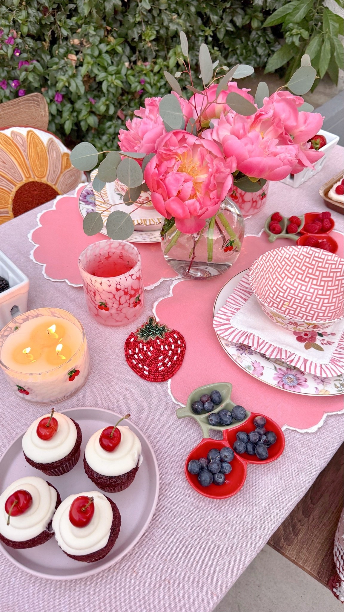 let's host a cherry garden soirée inspired by my pinterest board 🍒🍓✨ i love a good theme for hosting, so a berry party seemed like the perfect idea. i wanted this tablescape to feel colorful, playful, and delicious. i mixed and matched dinnerware, used cherry & strawberry themed decor, and finished it off with some fresh peonies. i found all the pieces at at home, and i love it! save this for your next summer hosting moment! 🫐🧺🌸

#berryparty #pinterestinspiration #dinnerparty #hostingideas

#LTKfoodie #LTKHome
