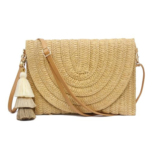 Aovtero Straw Clutch Purse Women Crossbody Bag Summer Beach Shoulder Bags Envelope Wallet Handbags (Light Brown) | Amazon (US)