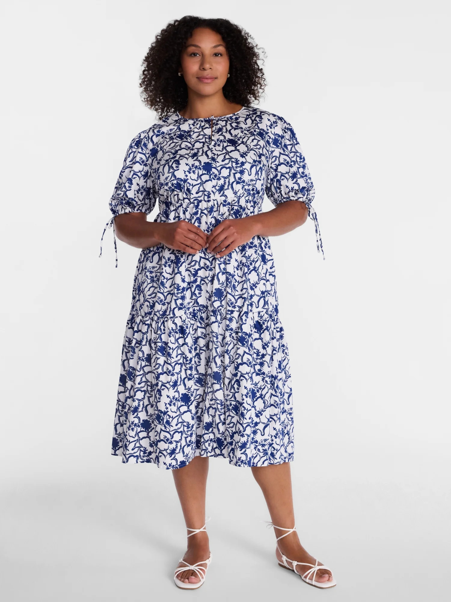 Time and Tru Women's Tiered Midi Dress with Tie Puff Sleeves, Sizes XS-XXXL | Walmart (US)