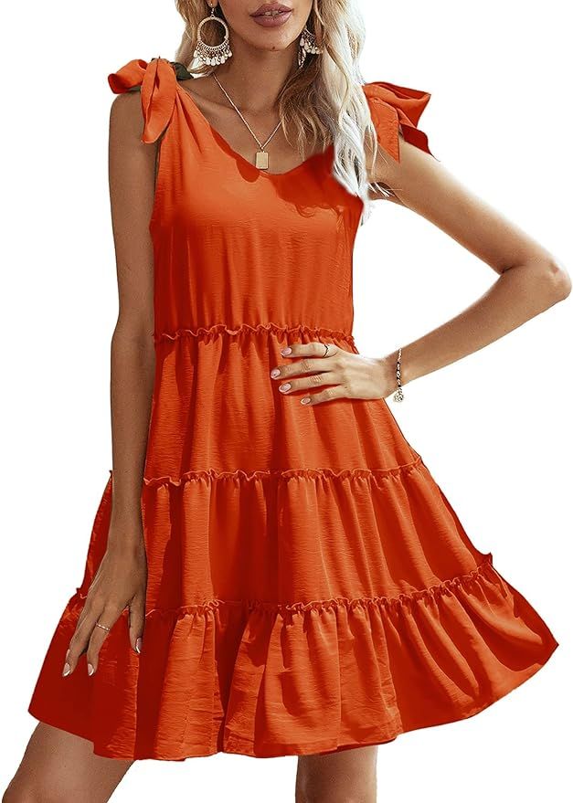 KoJooin Women Tie Strap Sleeveless Babydoll Ruffle A Line Short Mini Summer Beach Sun Dress | Amazon (US)