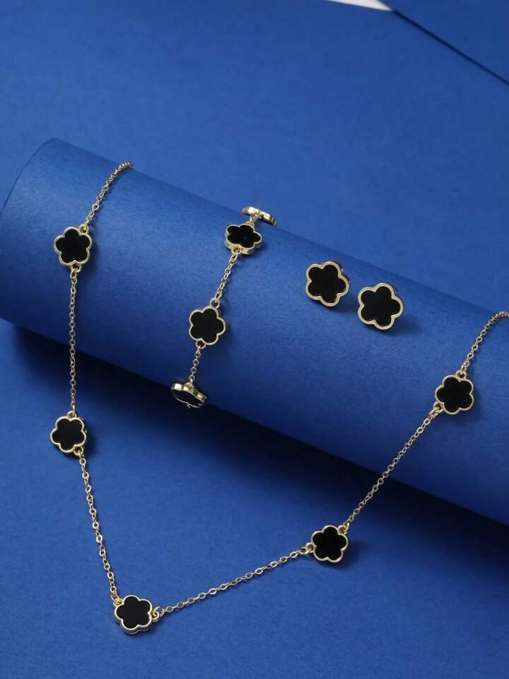 4pcs/Set Simple & Fashionable Five Petals Flower Bronze Necklace Bracelet Earrings Set For Women,... | SHEIN