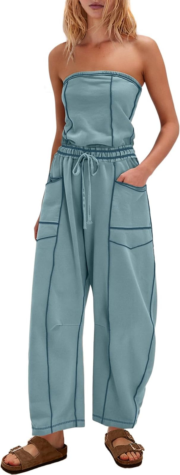 Womens Strapless Jumpsuits Off the Shoulder Tube Top barrel Overalls Loose Fit Romper with Pocket... | Amazon (US)