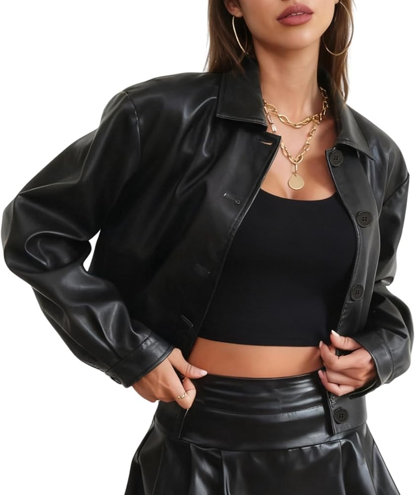 Muzly Womens Cropped Faux Leather Jacket Button Down Lightweight Bomber Motorcycle Jackets fall F... | Amazon (US)
