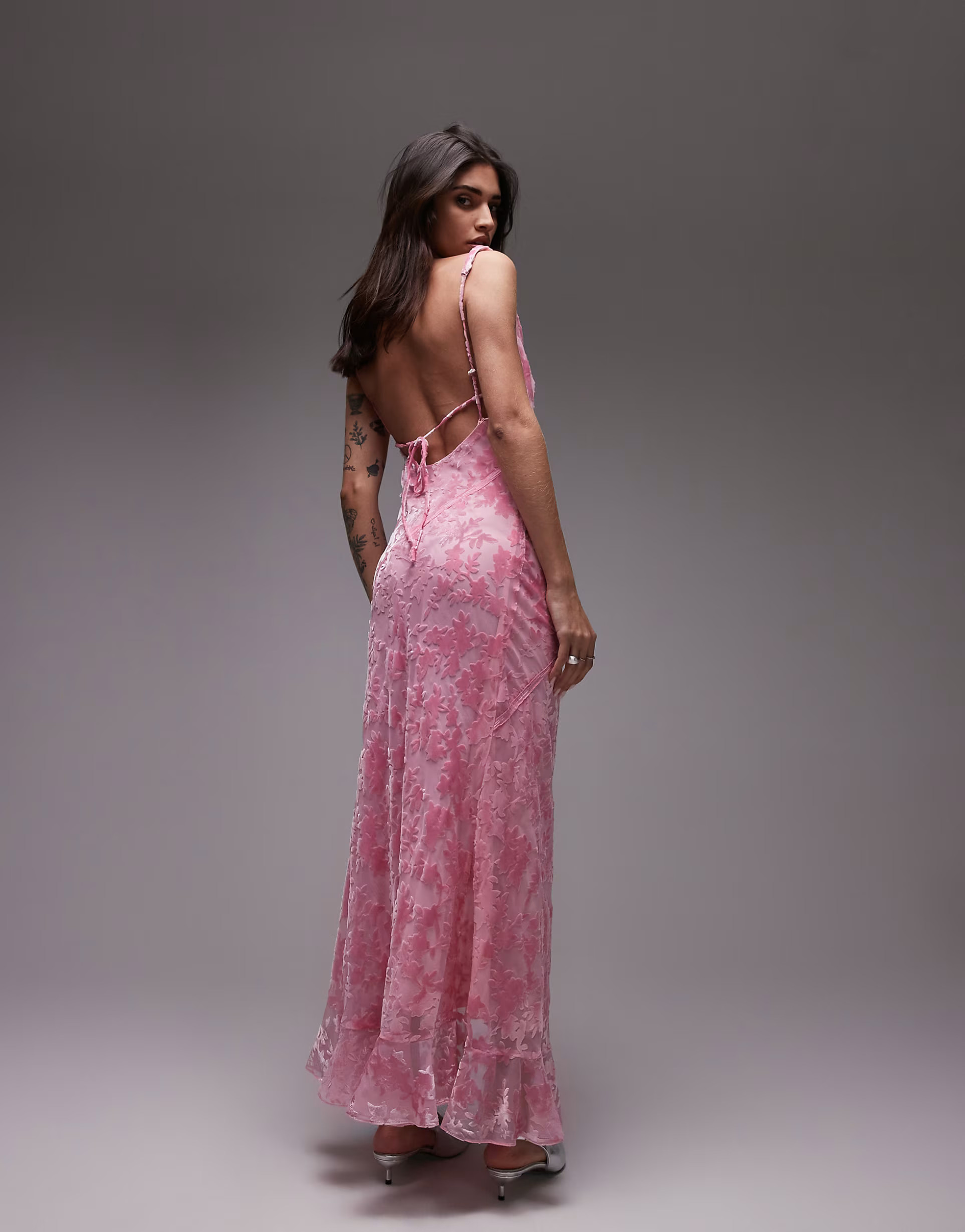 Topshop burn out twist shoulder maxi dress in pink | ASOS (Global)