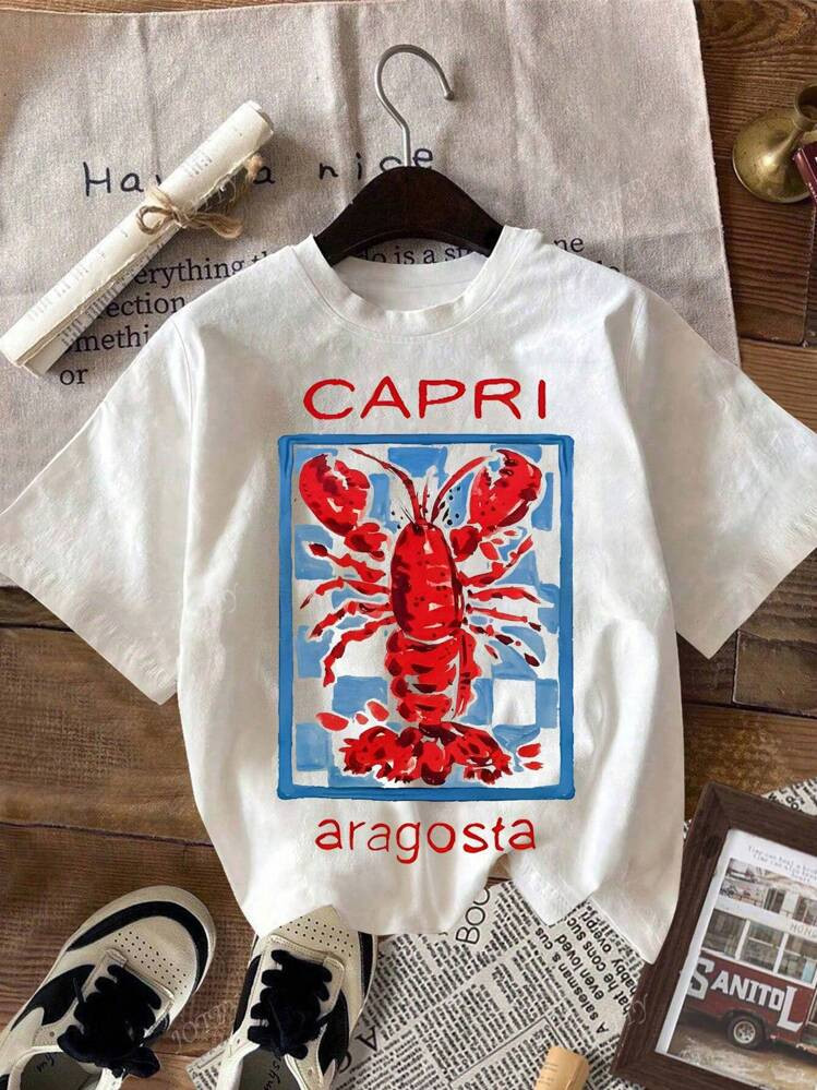 Women's Casual Crew Neck Short Sleeve T-Shirt With Lobster Pattern, CAPRI Summer Beach Outfits | SHEIN