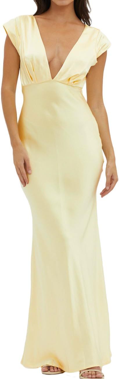 Halfisland Womens Summer Satin V Neck Cap Sleeve Backless Maxi Dress Elegant Twist Cut Out Midi D... | Amazon (US)