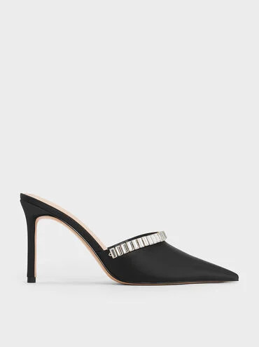 Satin Crystal-Embellished Pointed-Toe Heeled Mules
    
         - Black Textured | Charles & Keith US
