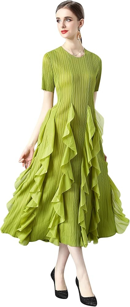 LAI MENG FIVE CATS Women's Pleated Round Neck Long Sleeve Stretchy Ruffle Party Midi Dress | Amazon (US)