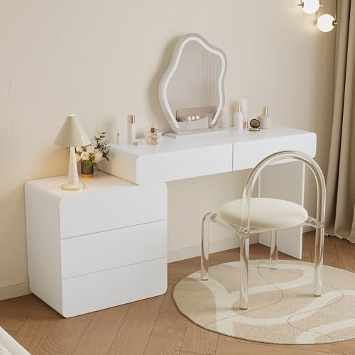 HIMAmonkey Modern Makeup Vanity Set with extendable Cabinet, 5 Drawers Dresser Table & Lighted Mirror & Acrylic Chiar, Luxury Dressing Table Bright White Finish 47.2 Inch | Amazon (US)