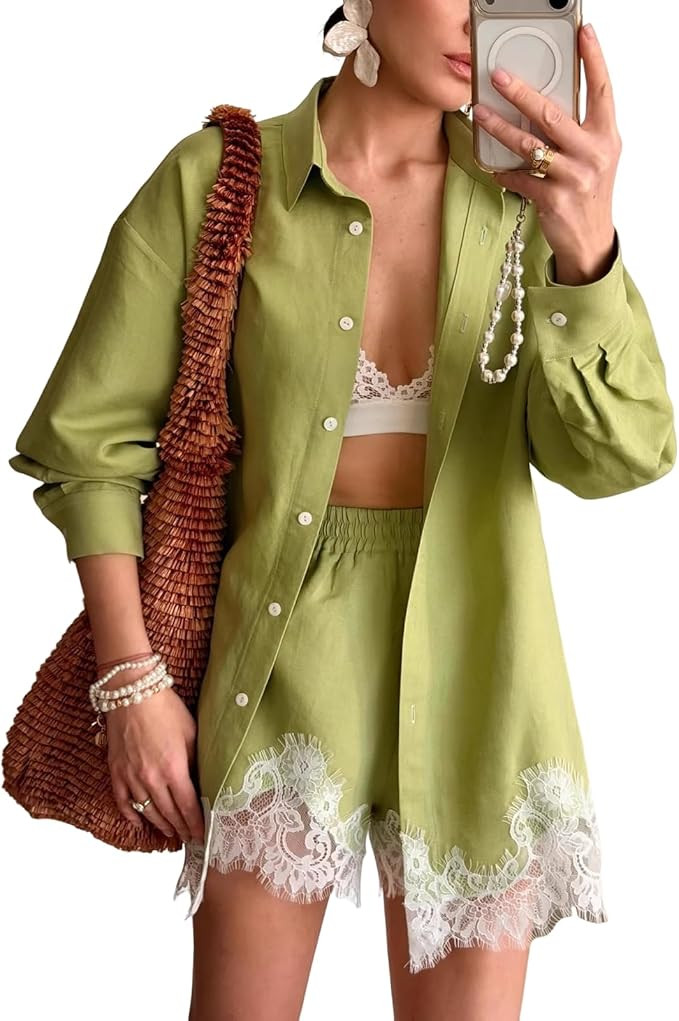 Women's 2 Piece Outfits Lace Trim Button Down Shirt and Shorts Set PJS Set Blouse Lounge Set | Amazon (US)