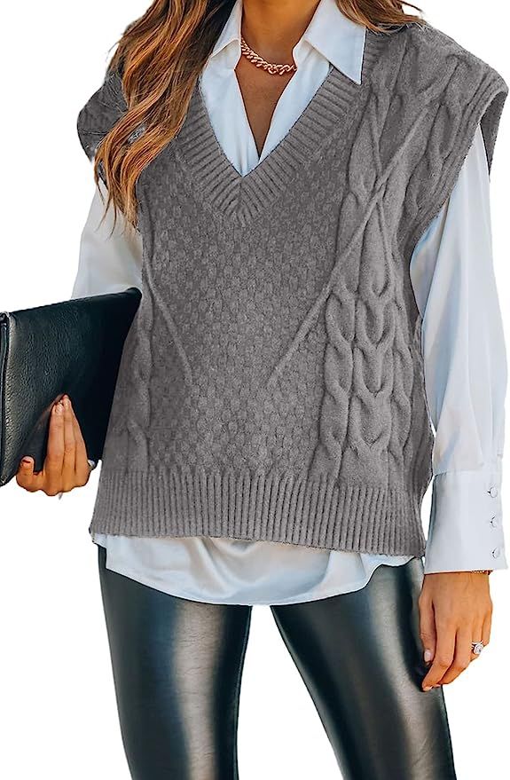Dokotoo Sweater Vest Women Knitted V Neck Oversized Sweaters Sleeveless Knitwear Tank Tops | Amazon (US)