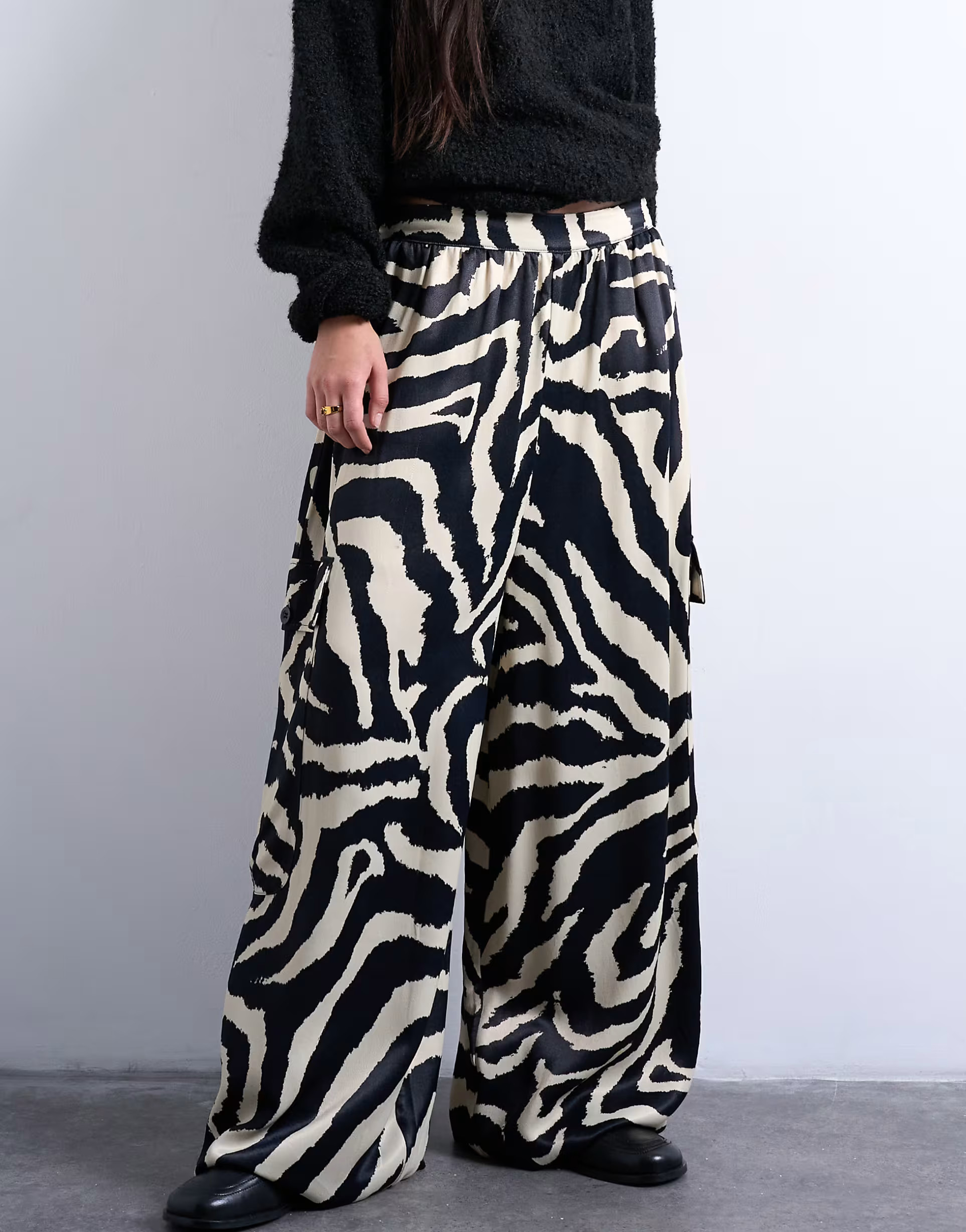 Topshop satin extreme wide leg cargo pants in zebra print | ASOS | ASOS (Global)