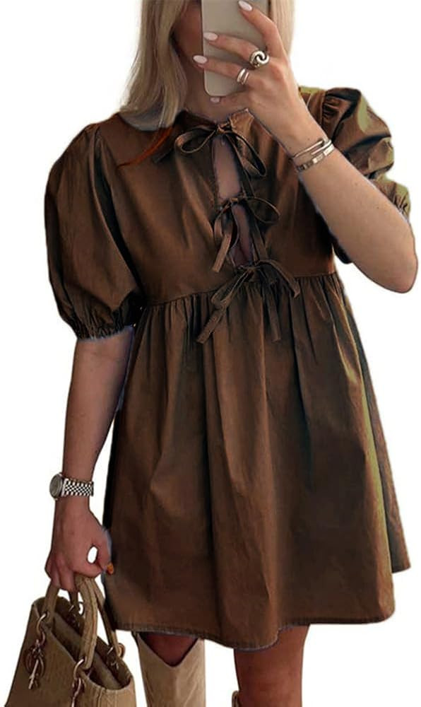 Women Casual Summer Puff Sleeve Mini Dress Bow Tie Front Y2K Babydoll Cut High Waist Peplum Dress | Amazon (US)