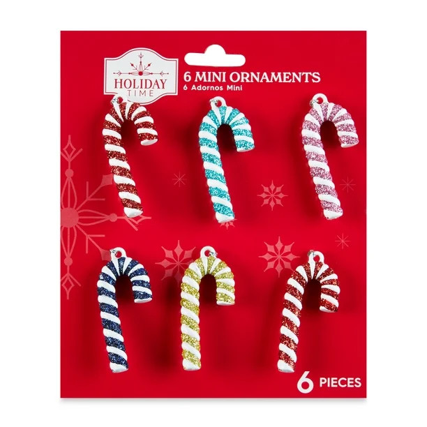 Holiday Time Christmas Tree Mini Ornaments, Sparkly Candy Canes, 6 Count - Walmart.com | Walmart (US)