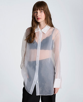 Women's Oversized Sheer Collared Tunic Shirt | Macy's